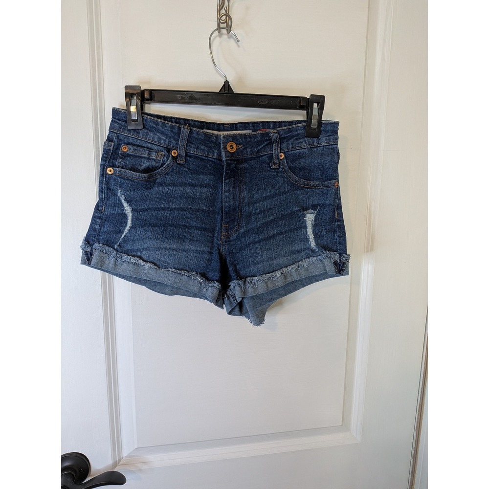 Celebrity Pink The Honey Distressed Denim Shorts Dark Wash Frayed Hem Size 5/27